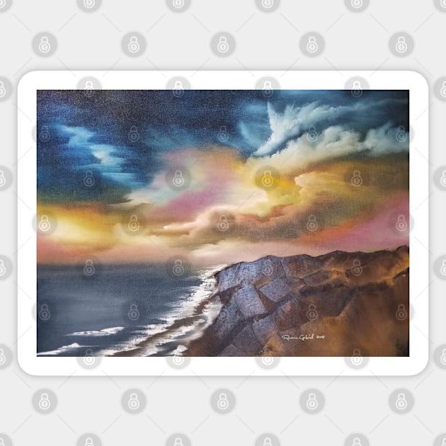 cliff diving, beach scene, skyscape, seascape, expressionistic art, painting, oil painting on canvas, coastal decor, beach house Sticker by roxanegabriel